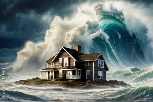 Illustration of miniature house in the middle of the ocean during powerful tsunami and storm. Big waves crashing down. Natural disaster