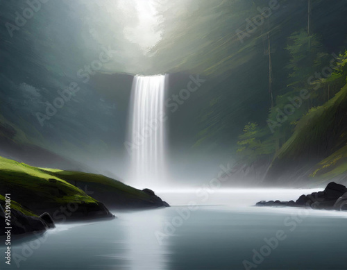 Landscape with a waterfall in the fog