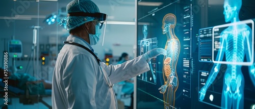 A doctor, donning a face mask and shield, endeavors to diagnose an illness using a state-of-the-art holographic display