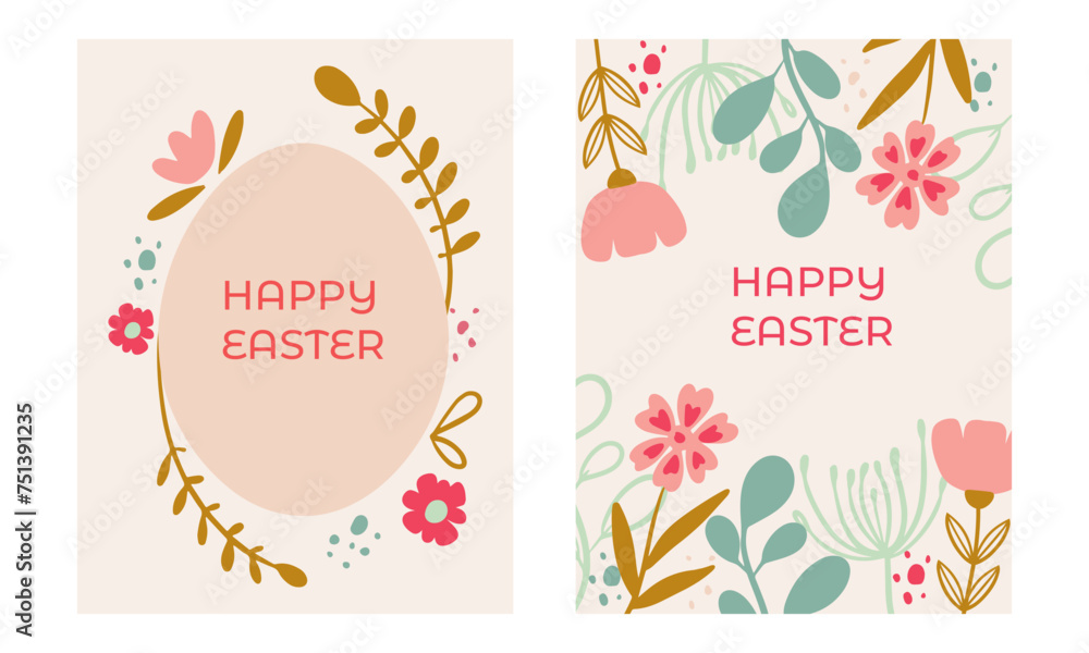 Naklejka premium Happy Easter, decorated geometric style Easter card set. Easter egg, flowers and text in modern minimalist style. Abstract flowers, and egg.