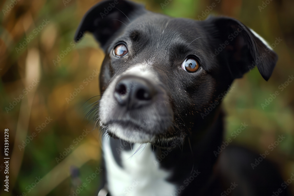 A black and white dog looking up at the camera with curiosity and alertness