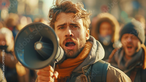 A passionate male activist speaks into a megaphone at a protest, with a crowd of demonstrators in the background, expressing determination and a call to action in a sunlit urban setting.