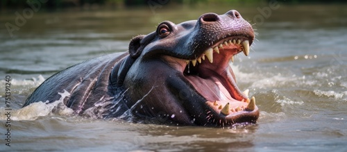 A powerful hippopotamus with its mouth wide open  displaying its dominance in the territorial waters. The majestic creature showcases its strength as it yawns in the tranquil water.