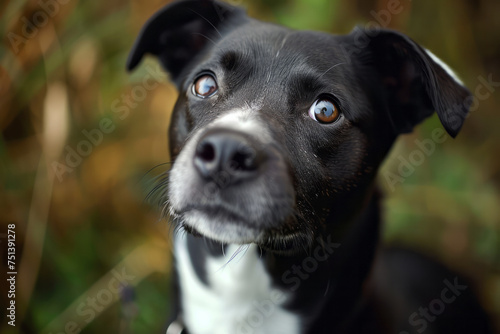 A black and white dog looking up at the camera with curiosity and alertness © koala studio