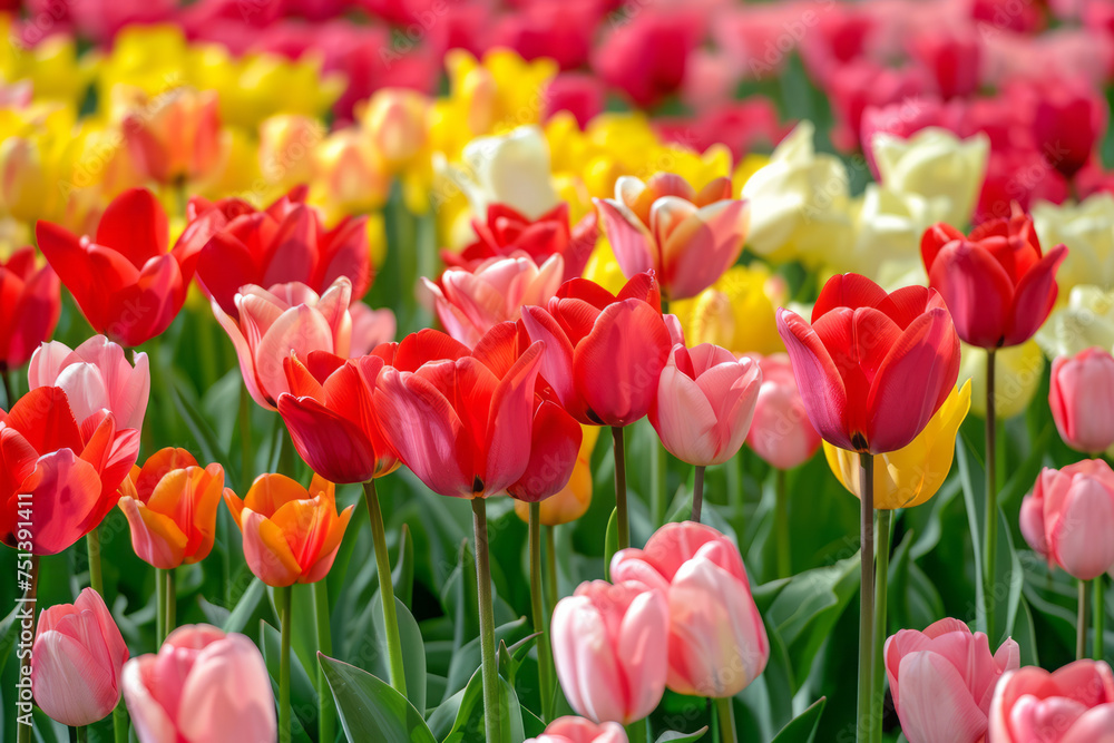 A colorful field filled with red, yellow, and pink tulips in bloom under the sunshine A colorful field filled with red, yellow, and pink tulips in bloom under the sunshine