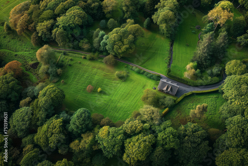 A road runs through a vibrant green field in this aerial view