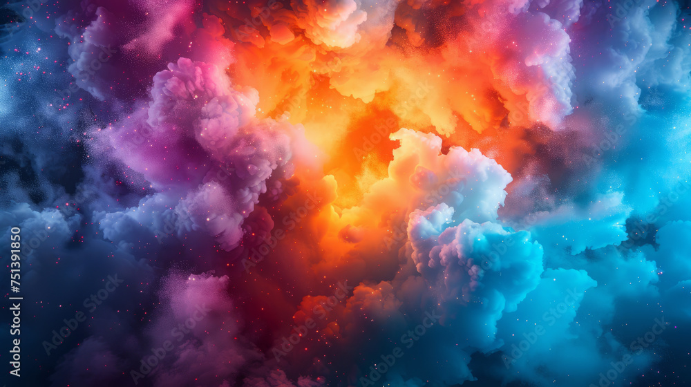Vivid and dynamic image depicting a surreal cloudscape with an explosion of vibrant red, orange, and blue colors, simulating a cosmic event or a fantastical sky.