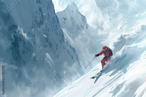 A skier slides down a steep snow slope. The skier is on the move.