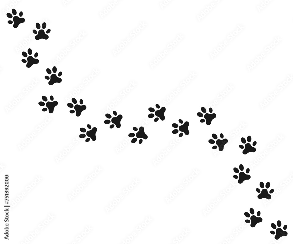 Paw prints. Dog's paw, cat paw, . Animal paw prints, different animals footprints black on white, vector  illustration EPS - obrazy, fototapety, plakaty 