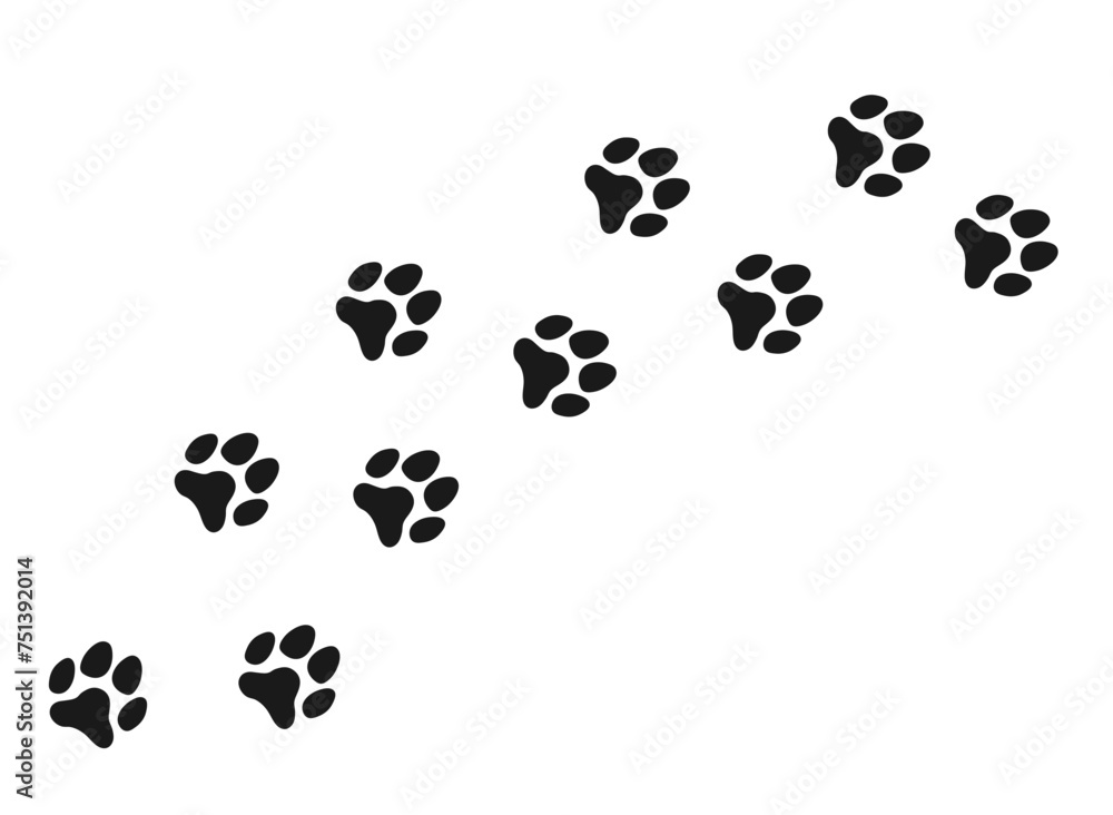 Paw prints. Dog's paw, cat paw, . Animal paw prints, different animals footprints black on white vector illustration Paw prints. Dog's paw, cat paw, . Animal paw prints, different animals footprints black on white vector illustration