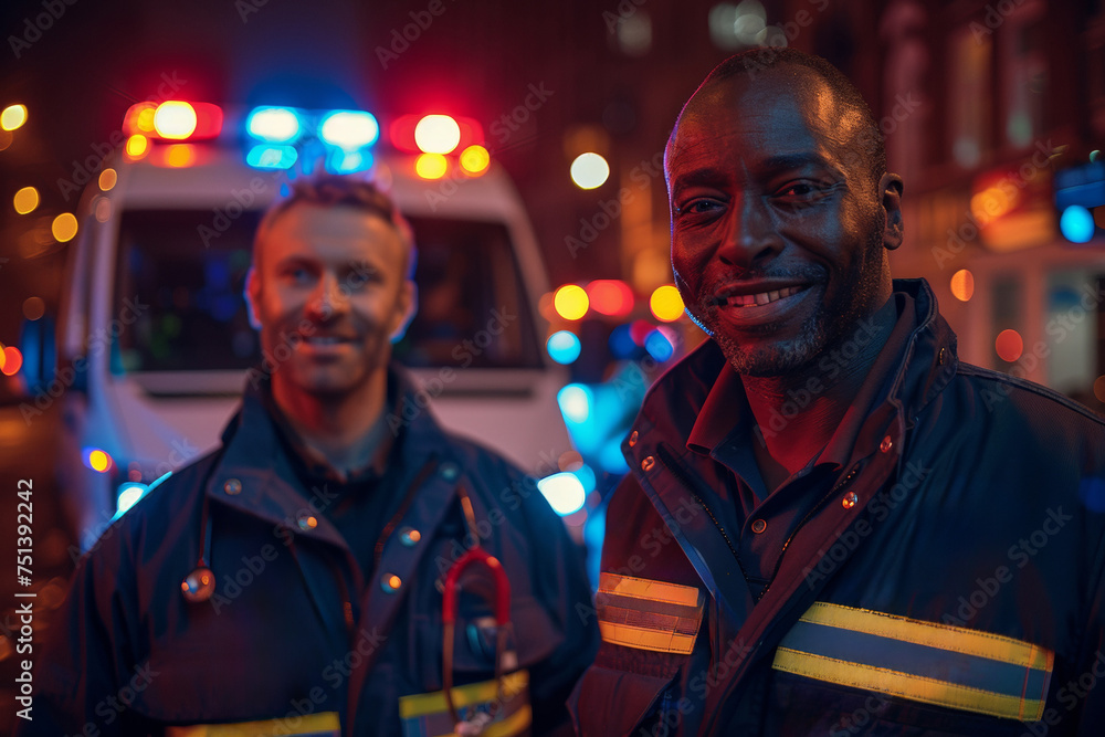 A professional firefighter team in uniform stands ready for rescue in front of their fire truck.