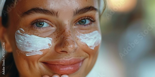 A serene portrait of a young Caucasian woman enjoying a skincare treatment.