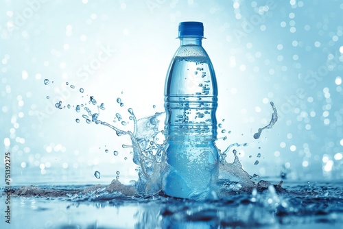 Bottle of clean drinking water with splashes, refreshing life-giving water