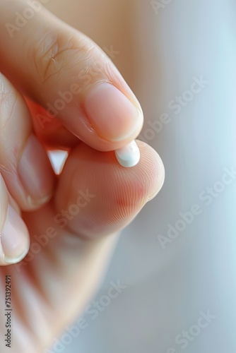 Close-up image of woman fingers holding one white pill. Healthcare concept. Woman s fingers grasp a white pill tightly.