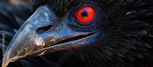 The image showcases a detailed close-up of a black Frigate bird with striking red eyes. The birds features are prominent, highlighting its distinctive coloration and eye-catching red eyes. photo