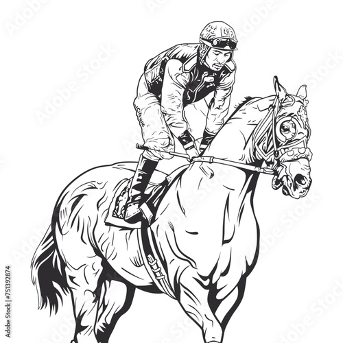 A jockey and horse race in a clear line art vector illustration.