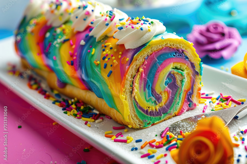 A vibrant and colorful biscuit roll with a playful tie-dye style