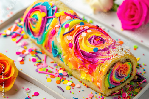 A vibrant and colorful biscuit roll with a playful tie-dye style