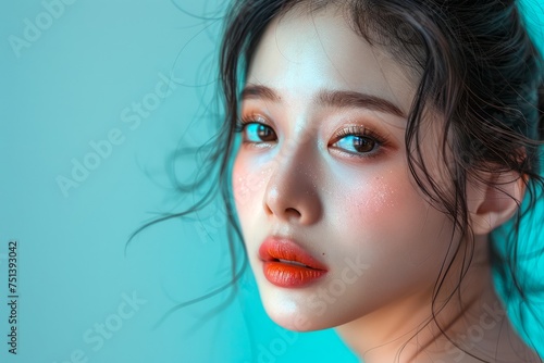 Close-up Portrait of a Young Woman with Glitter Makeup and Expressive Eyes in Turquoise Light