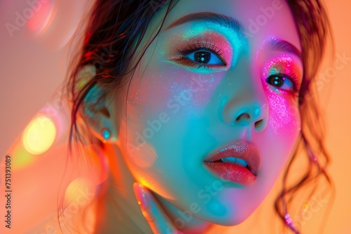 Vibrant Portrait of Young Woman with Colorful Neon Light Makeup, Modern Beauty and Fashion Concept