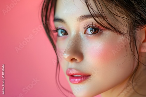 Close-up Portrait of a Young Woman with Flawless Skin and Natural Makeup on a Pink Background