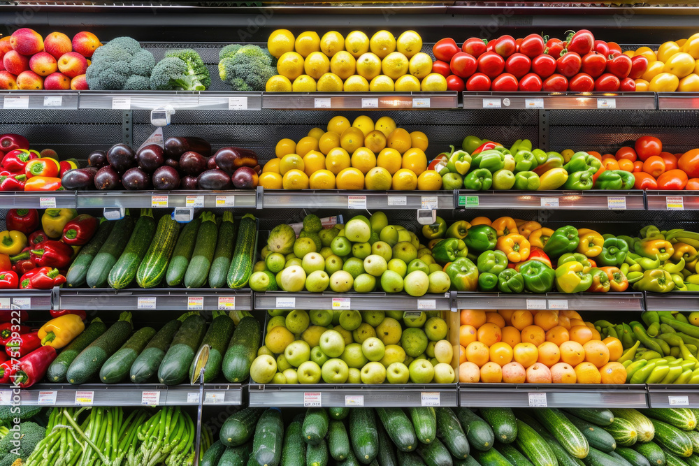 Vibrant fruits and vegetables neatly displayed in the refrigerated shelf of a supermarket
