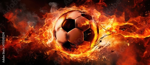 A soccer ball is seen in the middle of a roaring fire, with the flames engulfing it completely. The goal net in the background is also ablaze, creating a dramatic and intense scene.