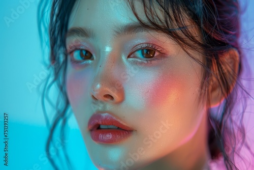 Artistic Portrait of Young Woman with Colorful Light Reflections on Face and Delicate Expression