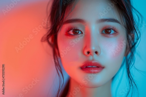 Wallpaper Mural Close-up of a young woman with flawless skin under colorful neon lights, portraying contemporary beauty and urban nighttime aesthetics Torontodigital.ca