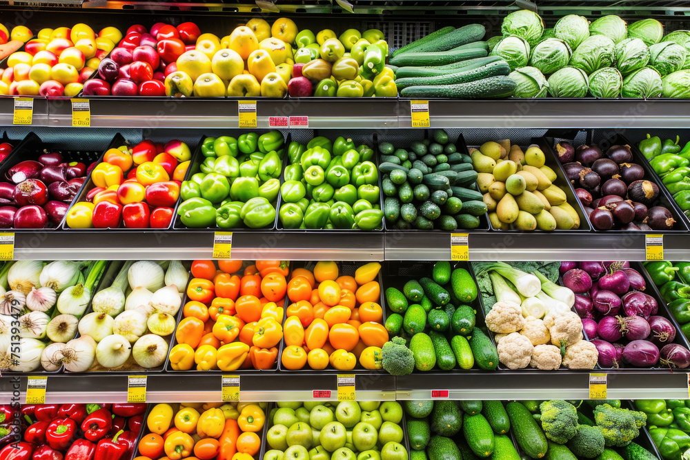 Vibrant fruits and vegetables neatly displayed in the refrigerated shelf of a supermarket