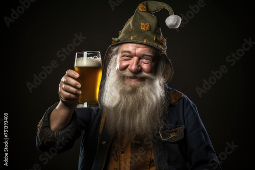 Charming elderly man, dressed in fairytale attire, enjoys a glass of beer in a cozy, vintage tavern. The warm atmosphere adds to the nostalgic feel of the image.