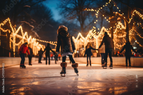 Picturesque scene of an evening ice rink where people are joyfully skating, illuminated by the warm glow of the night lights, creating a festive and inviting atmosphere for winter activities.