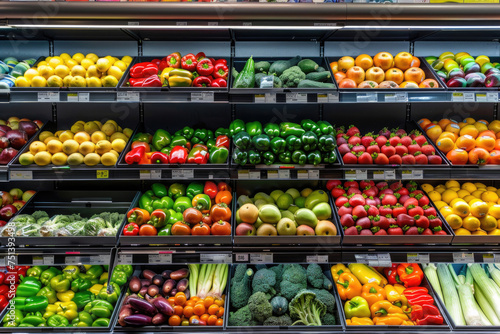 Vibrant fruits and vegetables neatly displayed in the refrigerated shelf of a supermarket