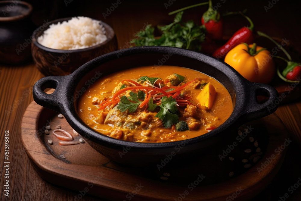 Serving of flavorful curry dish in a charming restaurant setting with elegant decor Serving of flavorful curry dish in a charming restaurant setting with elegant decor