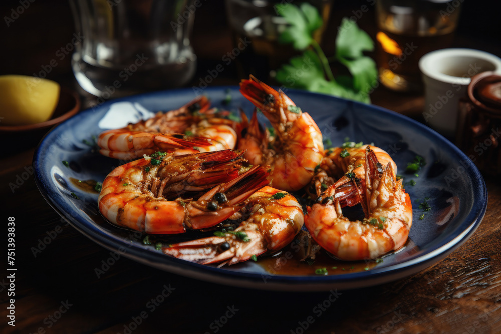 Exquisite presentation of grilled shrimp platter in a fine dining restaurant, showcasing succulent shrimp perfectly garnished and arranged on an elegant dish.