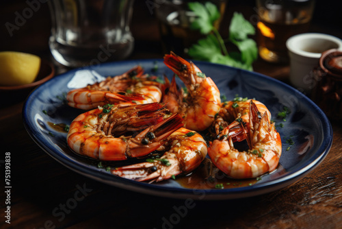 Exquisite presentation of grilled shrimp platter in a fine dining restaurant, showcasing succulent shrimp perfectly garnished and arranged on an elegant dish.