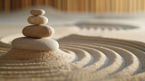 Close-up of a stack of smooth stones balanced on top of each other in a Zen garden, with beautifully raked sand creating circular patterns around the pebbles, evoking a sense of calm and tranquility.