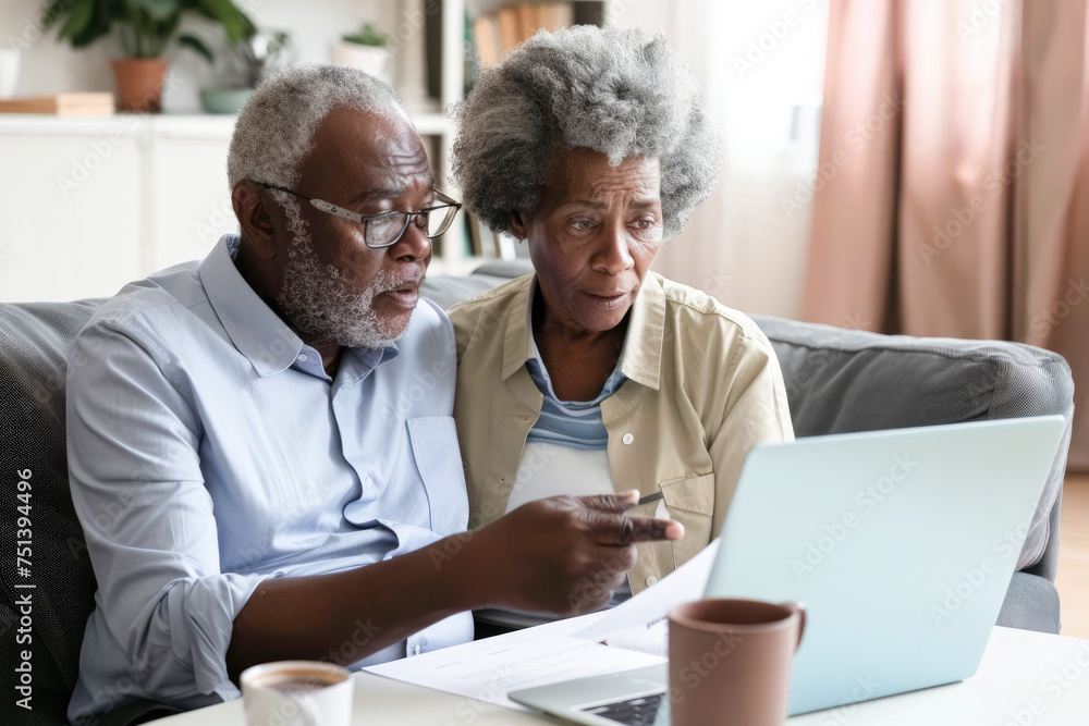 Senior couple checking and calculate financial billing together on sofa. Mature couple discussing their monthly expenses at home. Elderly couple keeping an eye on their finances. Senior couple checking and calculate financial billing together on sofa. Mature couple discussing their monthly expenses at home. Elderly couple keeping an eye on their finances.