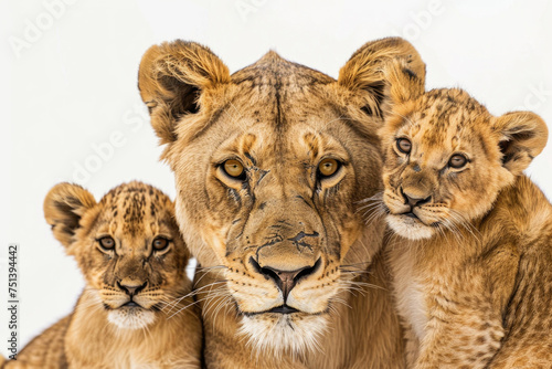 A close-up shot of a lioness and her adorable cubs against a clean white backdrop