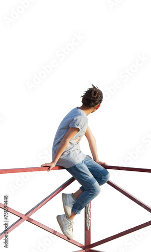 Girl on the fence on a white background