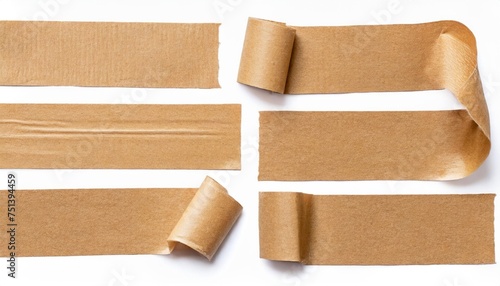 four pieces strips of brown textured adhesive kraft paper tape attach something or use as labels and add some text isolated design element