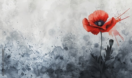 Abstract gray watercolor paint splash with red painted poppy. Lest we forget. Remembrance day or Anzac day symbol. With copyspace for your text. photo