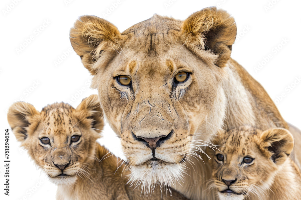 A close-up shot of a lioness and her adorable cubs against a clean white backdrop