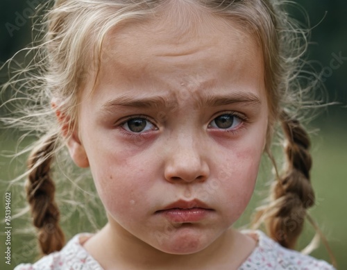 A young girl with blue eyes. She is looking down and she is sad
