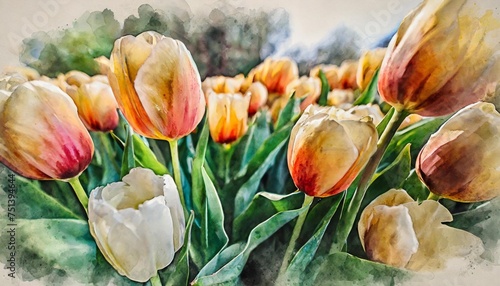 watercolor tulips flower flower bouquet watercolor painting illustration download in the style of vintage aesthetics white and amber the aesthetic movement intricate delicate flower and garden pa photo