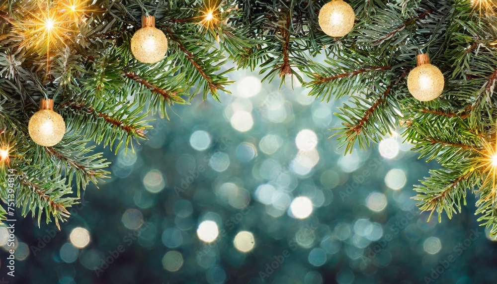a christmas tree frame border of pine tree branches and tree lights with a warm blurred glow with copy space isolated against a transparent background