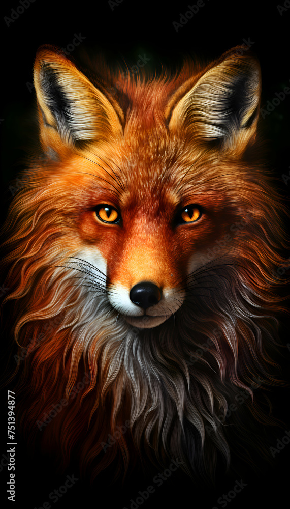 Portrait of a red fox with orange eyes. Digital painting.