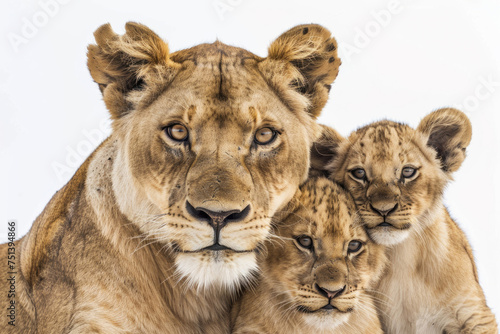 A close-up shot of a lioness and her adorable cubs against a clean white backdrop