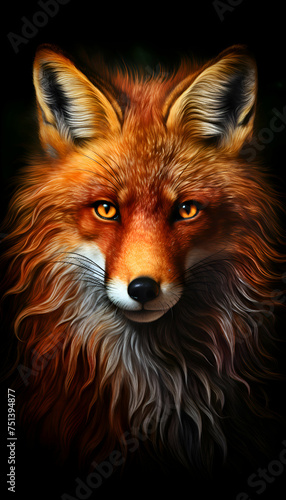 Portrait of a red fox with orange eyes. Digital painting.