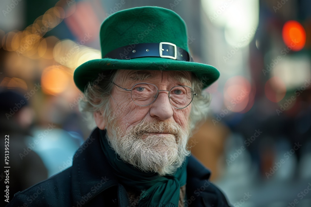 St. Patrick's Day. Portrait of an elderly man with a green hat celebrating St. Patrick's Day on a bustling city street. St. Patrick's Day. Portrait of an elderly man with a green hat celebrating St. Patrick's Day on a bustling city street.